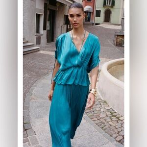 ZARA Teal Blue Satin Effect Midi Skirt w Elastic Waistband M NWT